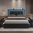 New ListingFull Queen LED Bed Frame with 4 Drawers Faux Leather Upholstered Bed Black
