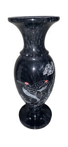 New ListingVintage Chinese Onyx Black Marble Vase Crane Bird Pattern Urn Etched Ornate