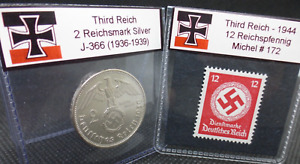 Nazi Germany Silver Coin and Swastika Stamp MNH Set WW2 Third Reich Lot 2 Mark