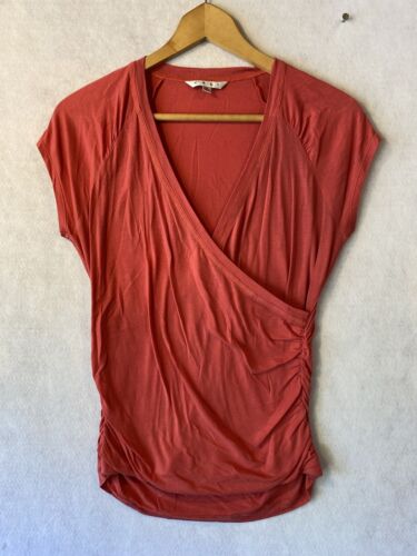 CAbi #965 Coral Ruched Faux Wrap Hanky Cap Sleeve Cotton Blouse Top Size Medium