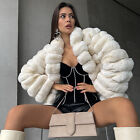 Women Chinchilla Full Pelt Real Rex Rabbit Fur Coat Lapel Collar Jacket Overcoat