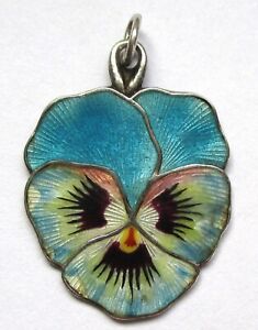 ANTIQUE VICTORIAN BLUE GUILLOCHE ENAMEL PANSY FLOWER CHARM 800 SILVER SIGNED DS