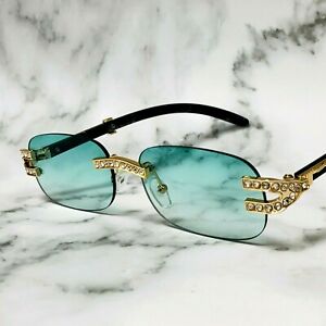 Green Lens Men Women Sunglasses Diamond Iced Shades Gold Retro Glasses Hip Hop
