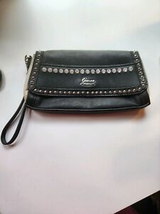 Guess Handbag Purse Hand Bag Wristlet Clutch Black & Cream w/Stud Detail-see pic