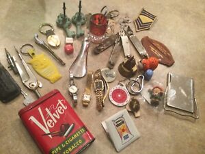 New ListingJunk Drawer Lot- Keys Velvet tin, watches, bottle openers, protractor 30+items