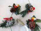 5 Vintage Bird Christmas Ornaments Pinecones Fir Branches Finch Red on Nests