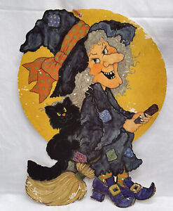 Vintage Hallmark Halloween Witch Riding Broom Cat Die Cut Wall Decoration 12”