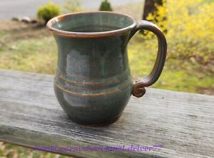 Hand Thrown STUDIO ART Pottery COFFEE Tea MUG 15oz. Green Glaze Scroll Handle