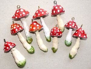 Christmas ornament vintage 9 red fly agaric bold stems red mushrooms spun cotton