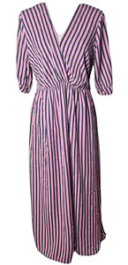 Kimora Dress Women's Large Pink Blue Stripe Boho Surplus Front Short Sleeve a13