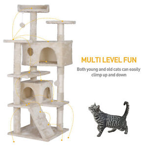 55 Inch Beige Cat Tree Tower Condo Scrathcher Post Activity Center Playing House
