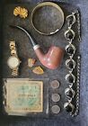 Junk drawer lot.  Jewelry, Watch, Coins, Pipe, Pin, Military Currency.