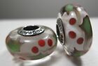 2 Authentic Pandora Murano Glass Bead Charms #791647 After Christmas Holly DEAL