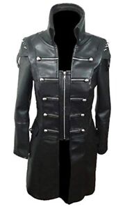 Women Black Leather Coat Goth Matrix Trench Style Coat Steampunk Military Jacket