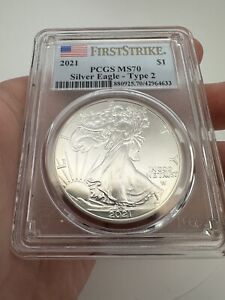 MS70 2021 American Silver Eagle Type 2 First Strike PCGS Flag Label