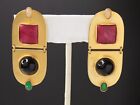 GALE ROTHSTEIN II Modernist Earrings Long Dangle Gold Tone Natural Stones