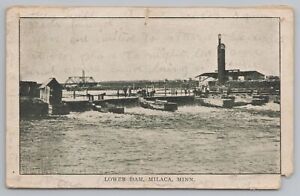 Milaca Minnesota~Lower Dam Close Up~Rum River~Bridge in Distance~Silo~c1905 B&W