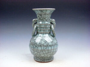 New ListingChinese Crackle Celadon Hand Crafted Unique Shaped Vase w/ 2 Handles #07172303