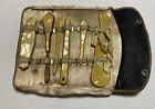 1960s Nail Care Grooming Kit Gold Celluloid With Folding Leather Case Vintage