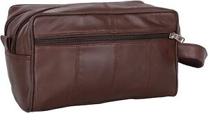 Genuine Leather Unisex Brown Toiletry Travel Bag with Double Zipper /Shaving Bag