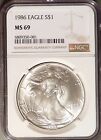 1986 American Silver Eagle, NGC MS69, Very Lustrous & White, Nice Coin