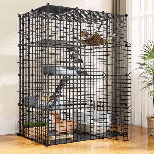 Large Cat Cage Enclosure Metal Wire 4-Tier Kennel DIY Playpen Catio with Hammock