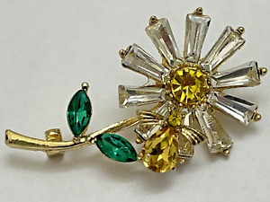 Yellow Bee Daisy Flower Rose Crystal Glass Clear Vintage Rhinestone Brooch Pin