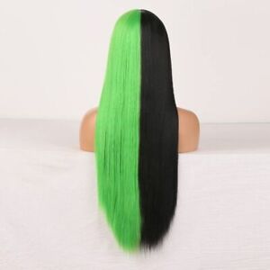 Long Straight Half Green Half Black Lace Front Wigs Fibe Heat Safe Wigs Fashion