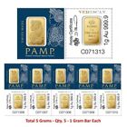 Lot of 5 - 1 Gram Gold Bar Divisible PAMP Suisse MULTIGRAM .9999 Fine Gold Bar