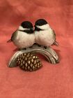 Pair of Northern Black Capped Chickadees Porcelain Figurine on Branch w/Pinecone