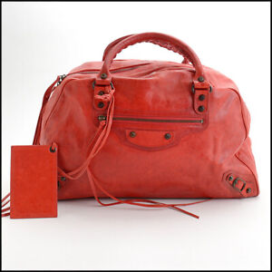 RDC13163 Authentic Balenciaga 2008 Rouge Red Cameau Leather Bowling MM Bag