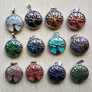 12pcs Natural Stone Alloy Tree of Life Pendants for Jewelry Accessories Marking