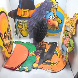 VTG 70s Beistle Lot of 8 Halloween Decor DieCut Pumpkin Crow Bat Skull Scarecrow