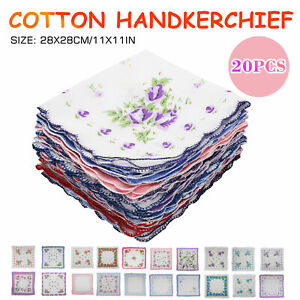 20PCS Women Vintage Floral Flowers Handkerchief 100% Cotton Square Hanky Ladies