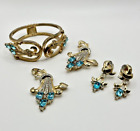 Vintage Parure Aqua Rhinestone Gold Toned Set Bracelet Earrings Pendant Brooch