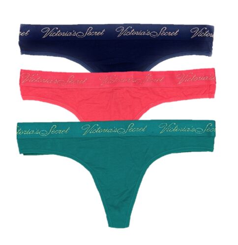 Victoria's Secret Cotton Script Logo Thong Panties Set Lot of 3 Large