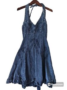 Scully Sleeveless Embroidered Halter Vintage Ruffle Trim Dress Peruvian Cotton S