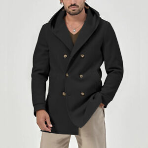 Stylish Cotton Blend Men's Hooded Overcoat Jacket Middle Long Warm Trench Coats