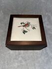 VINTAGE WOODEN BOX WITH HINGED LID AND CLOSURE. STITCHED BIRD PICTURE.