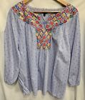 Talbots Plus Women Top Tunic Floral Colorful Embroidery 1X Blue Peasant Boho