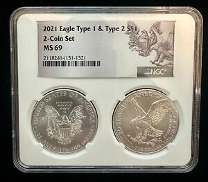 2021 - W SILVER EAGLE SET NGC MS69 TYPE 1 AND 2 COIN SET .999 Fine - IN STOCK