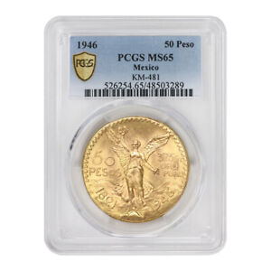 Mexico 1946 Gold 50 Peso PCGS MS65 Gem Graded 1.2057 Troy oz Mexican Gold Coin