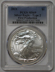 2021 TYPE 2 $1 AMERICAN SILVER EAGLE DOLLAR COIN PCGS MS69 NO RESERVE