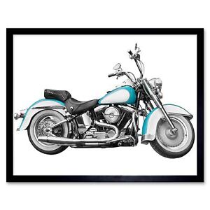 Vintage Motorcycle Chopper White Blue 12X16 Inch Framed Art Print