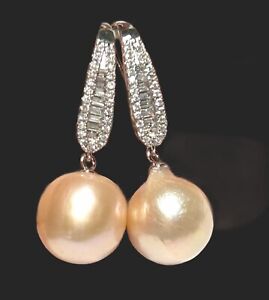 Stunning 11.2mm Natural Peach Pink Edison Cultured Pearl Dangle Hook Earrings