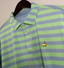 Masters Tech Mens L Green Blue Striped Golf Polo Shirt with Masters Logo