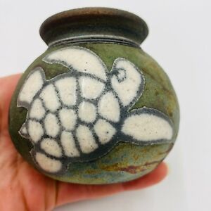 New ListingRaku Sea Turtle, Iridescent Glazed Small Vase Signed Diller, Made in Hawaii