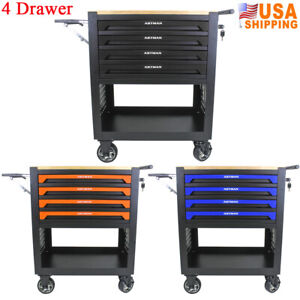 4 Drawers Rolling Tool Cart Tool Chest Cabinet w/ Adjustable Shelf & Wooden Top