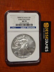 2008 W BURNISHED SILVER EAGLE NGC MS70 EARLY RELEASES BLUE LABEL