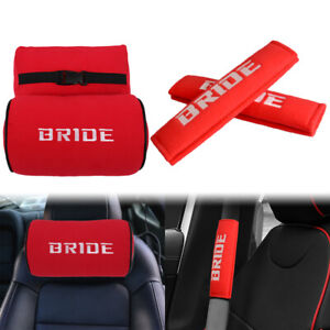 BRIDE Red Fabric Embroidery Car Seat Neck Pillow Headrest+Seat Belt Cover Combo